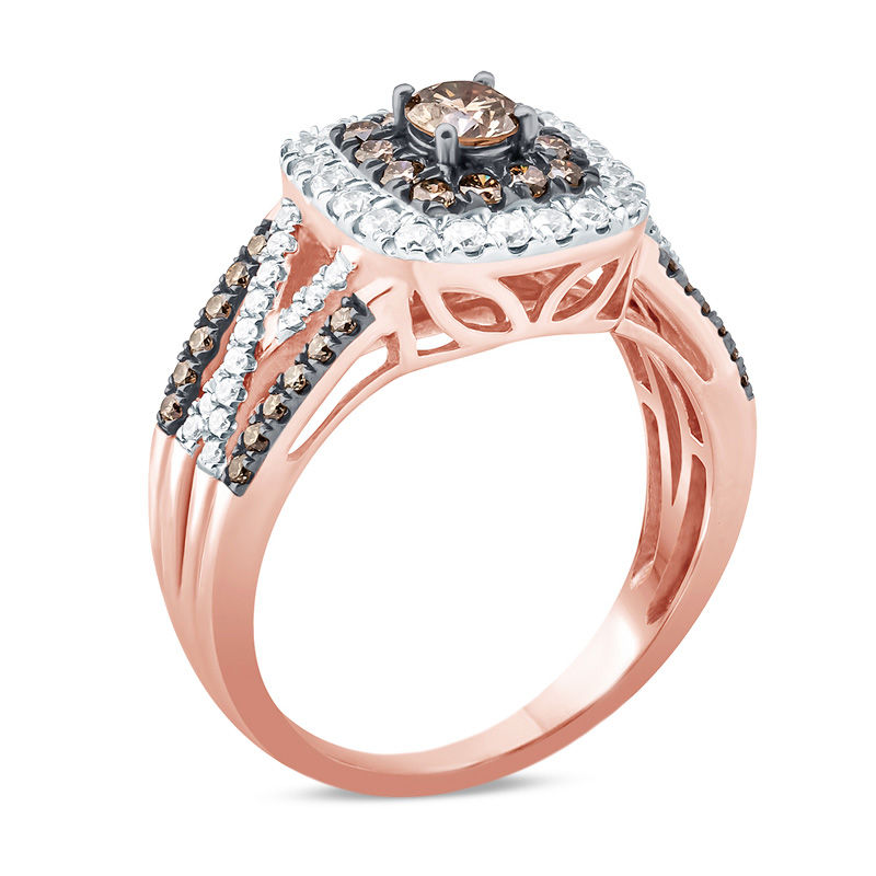 Main Image 2 of 1 CT. T.W. Champagne and White Diamond Double Cushion Frame Split Shank Ring in 10K Rose Gold