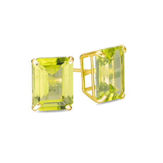 Emerald-Cut Peridot Solitaire Stud Earrings in 10K Gold