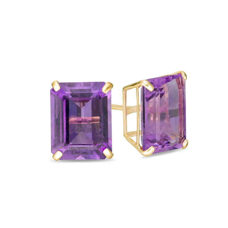 Main Image 1 of Emerald-Cut Amethyst Solitaire Stud Earrings in 10K Gold