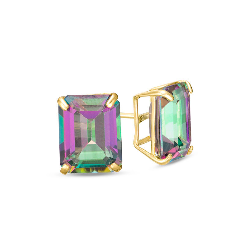 Emerald-Cut Mystic Fire® Topaz Solitaire Stud Earrings in 10K Gold