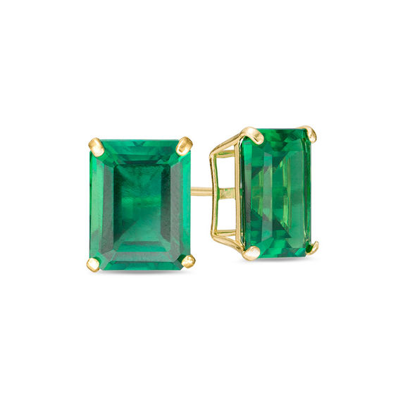 Emerald-Cut Lab-Created Emerald Solitaire Stud Earrings in 10K Gold