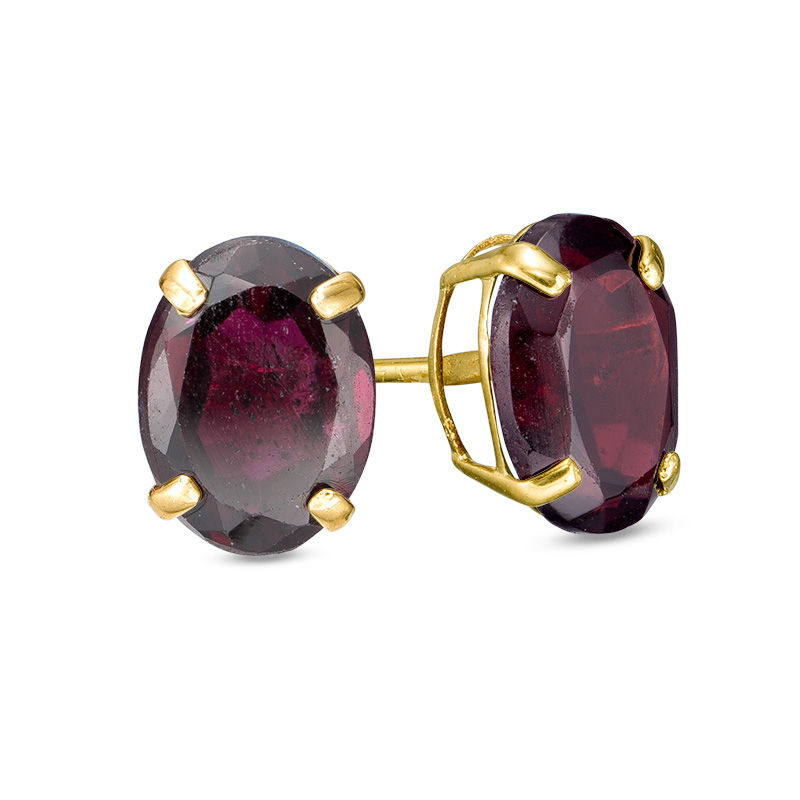 Oval Garnet Solitaire Stud Earrings in 10K Gold