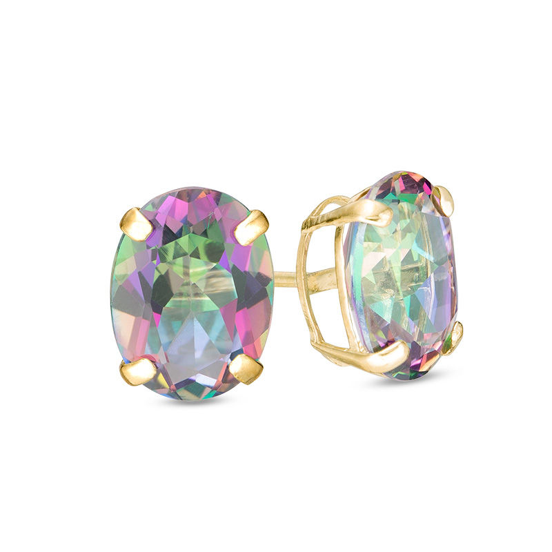 Main Image 1 of Oval Mystic Fire® Topaz Solitaire Stud Earrings in 10K Gold