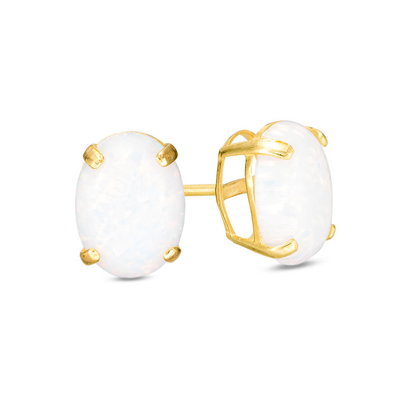 Main Image 1 of Oval Lab-Created Opal Solitaire Stud Earrings in 10K Gold