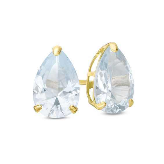 PearShaped LabCreated Aquamarine Solitaire Stud Earrings in 10K Gold