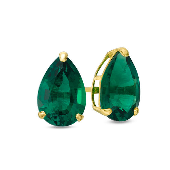 Pear-Shaped Lab-Created Emerald Solitaire Stud Earrings in 10K Gold