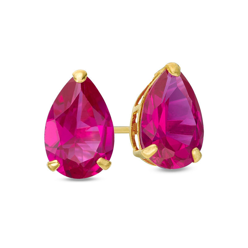 Pear-Shaped Lab-Created Ruby Solitaire Stud Earrings in 10K Gold