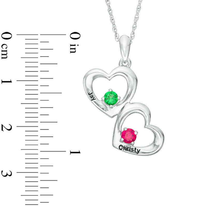 Couple's Simulated Birthstone Double Heart Pendant in Sterling Silver (2 Stones and Names)