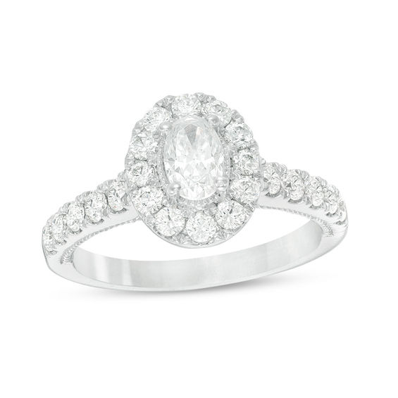 Celebration Ideal 1-1/3 CT. T.w. Oval Certified Diamond Frame Vintage-StyleEngagement Ring in 14K White Gold (I/I1)