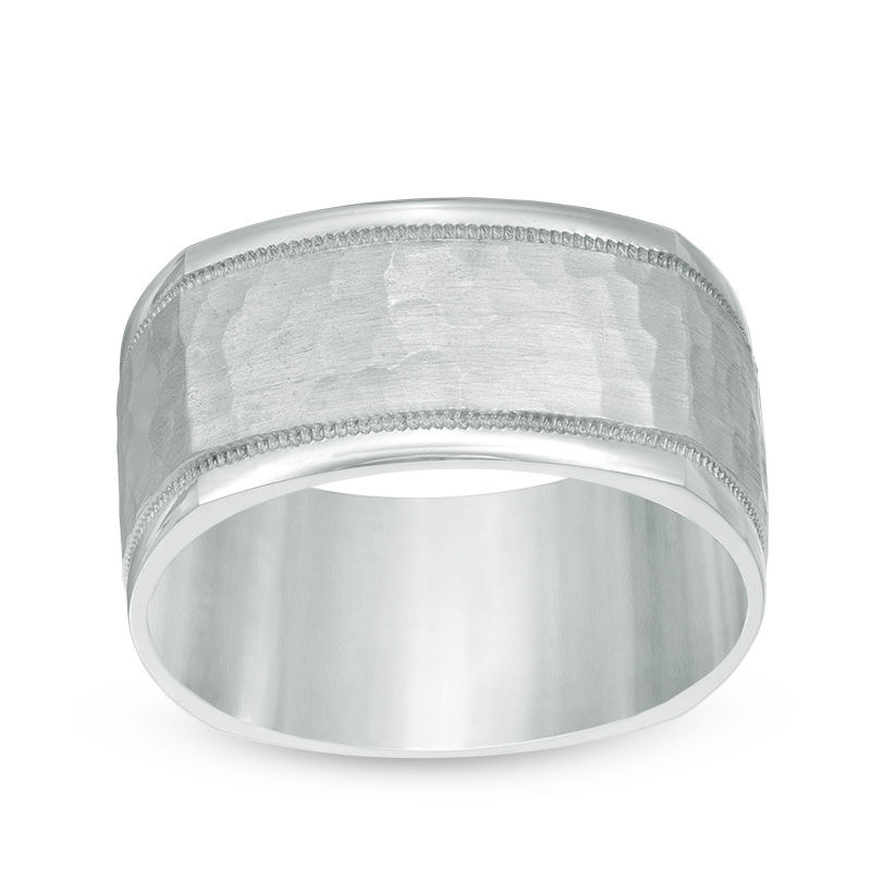 Main Image 1 of Men's 10.0mm Hammered Comfort Fit Squared Wedding Band in 10K White Gold