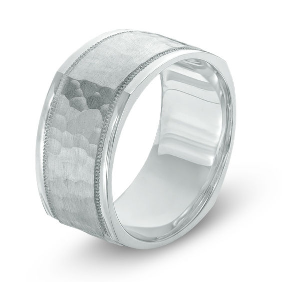 10.0mm Hammered Comfort Fit Squared Wedding Band in 10K White Gold