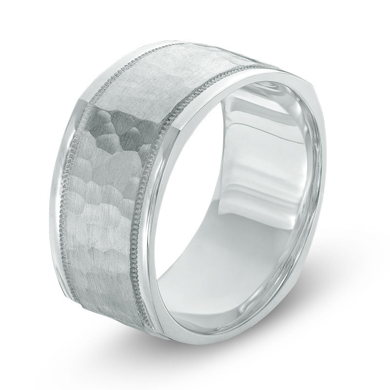Men's 10.0mm Hammered Comfort Fit Squared Wedding Band in 10K White Gold