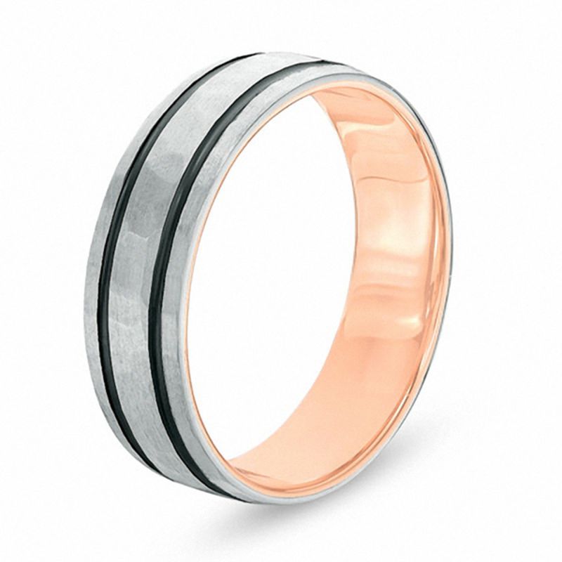Main Image 2 of 6.0mm Hammered Double Stripe Wedding Band in 10K Two-Tone Gold