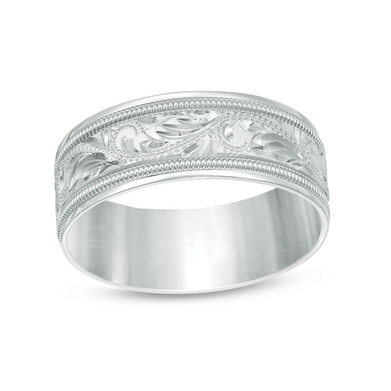 Men's 8.0mm Diamond-Cut Engraved Wedding Band in 10K White Gold - Size 10.5