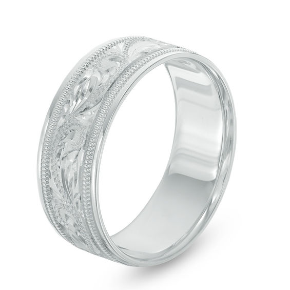 8.0mm Diamond-Cut Engraved Wedding Band in 10K White Gold - Size 10.5