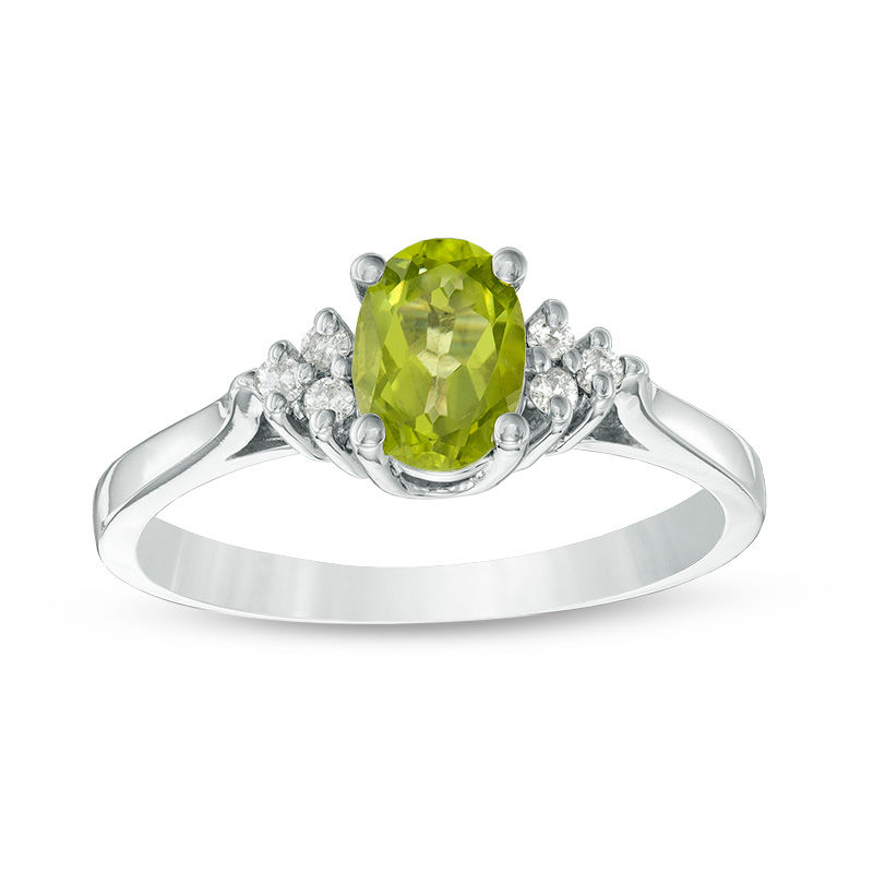 Oval Peridot and Diamond Accent Tri-Sides Ring in 10K White Gold