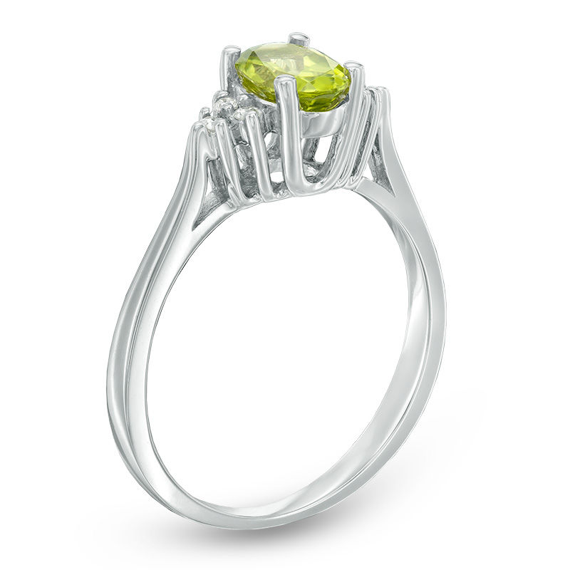 Oval Peridot and Diamond Accent Tri-Sides Ring in 10K White Gold