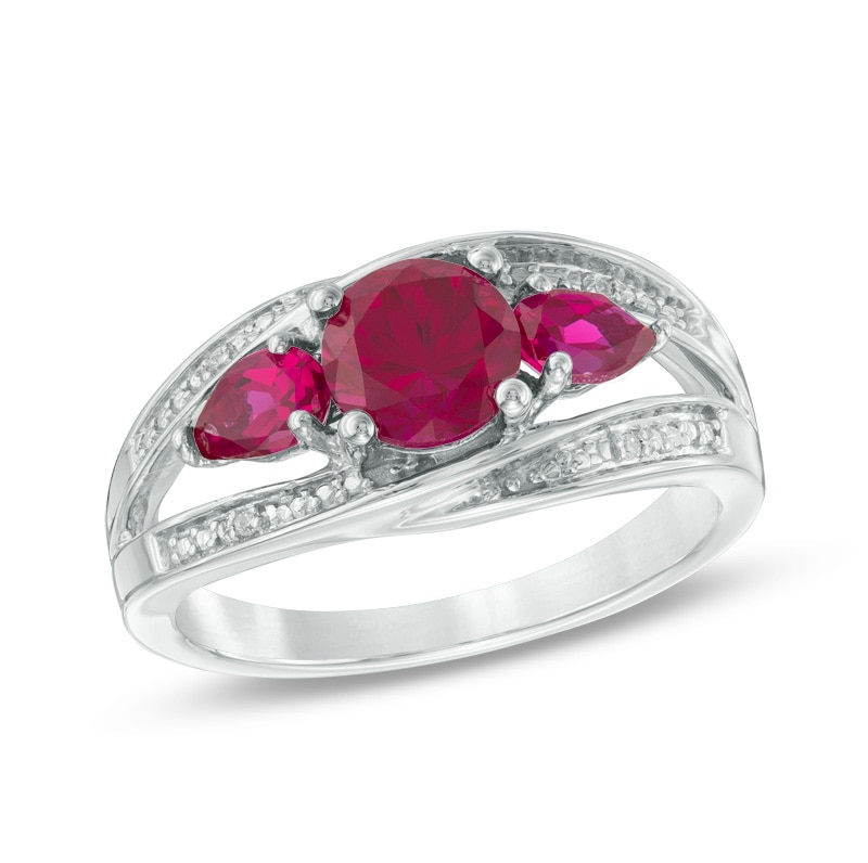 Main Image 1 of 6.0mm Lab-Created Ruby and Diamond Accent Split Shank Three Stone Ring in Sterling Silver