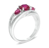 Thumbnail Image 2 of 6.0mm Lab-Created Ruby and Diamond Accent Split Shank Three Stone Ring in Sterling Silver