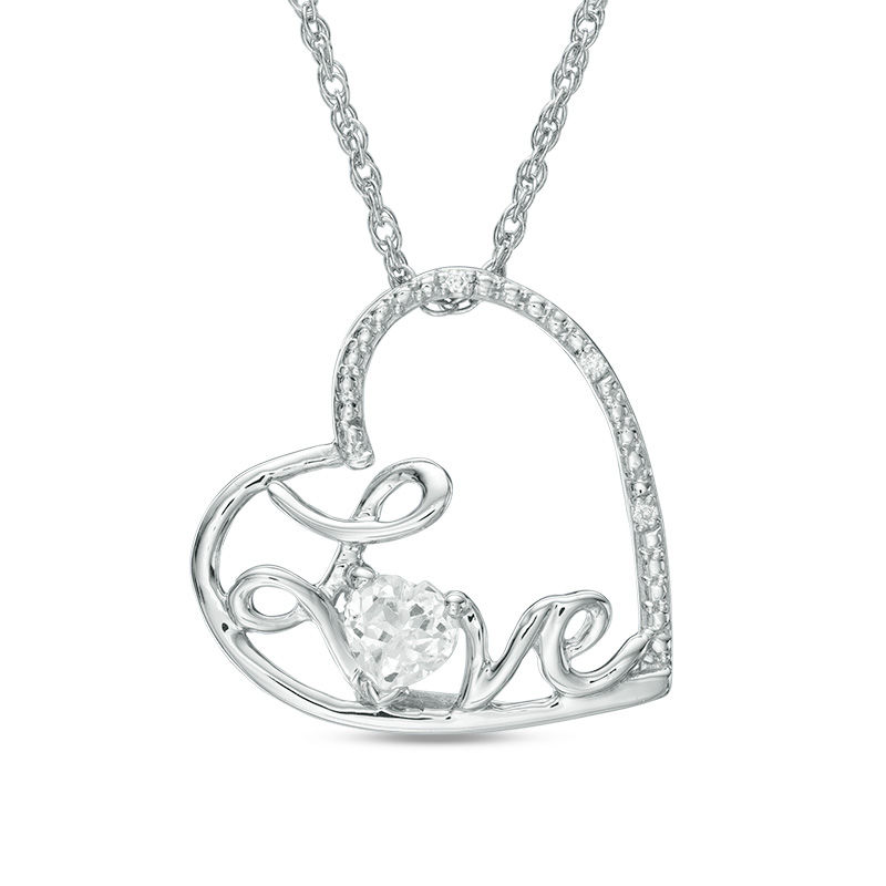 Main Image 1 of 4.0mm Lab-Created White Sapphire and Diamond Accent Cursive "Love" Tilted Heart Pendant in Sterling Silver