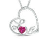 Thumbnail Image 0 of 4.0mm Lab-Created Ruby and Diamond Accent Cursive "Love" Tilted Heart Pendant in Sterling Silver