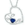 Thumbnail Image 1 of 4.0mm Lab-Created Blue Sapphire and Diamond Accent Cursive "Love" Tilted Heart Pendant in Sterling Silver