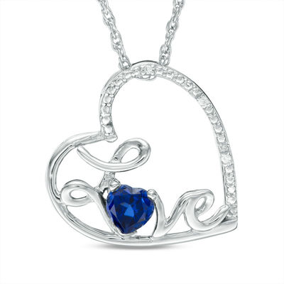 Blue Sapphire Butterfly Heart Pendant In 10K White Gold with Diamond Accents 