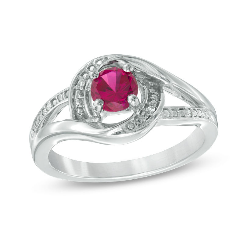 5.0mm Lab-Created Ruby and Diamond Accent Swirl Frame Split Shank Ring in Sterling Silver
