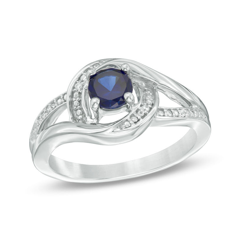 Main Image 1 of 5.0mm Lab-Created Blue Sapphire and Diamond Accent Swirl Frame Split Shank Ring in Sterling Silver