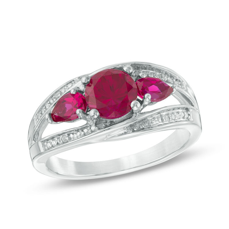 6.0mm Lab-Created Ruby and Diamond Accent Split Shank Three Stone Ring ...