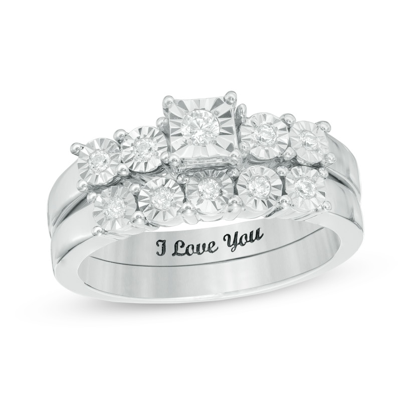 Main Image 1 of 1/8 CT. T.W. Diamond Five Stone Bridal Set in Sterling Silver (1 Line)