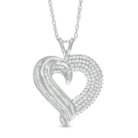 3/4 CT. T.w. Baguette and Round Diamond Heart Pendant in 10K White Gold