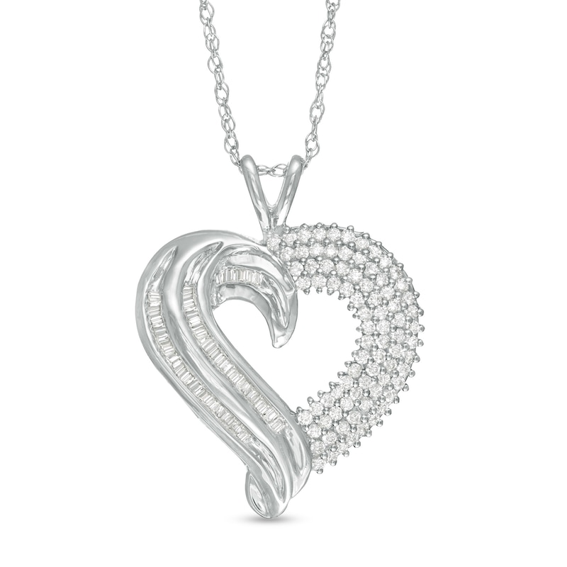 3/4 CT. T.W. Baguette and Round Diamond Heart Pendant in 10K White Gold