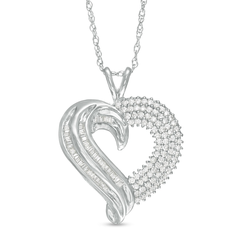 Main Image 1 of 3/4 CT. T.W. Baguette and Round Diamond Heart Pendant in 10K White Gold