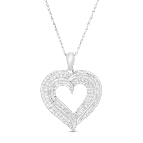 1/2 CT. T.w. Baguette and Round Diamond Heart Pendant in 10K White Gold