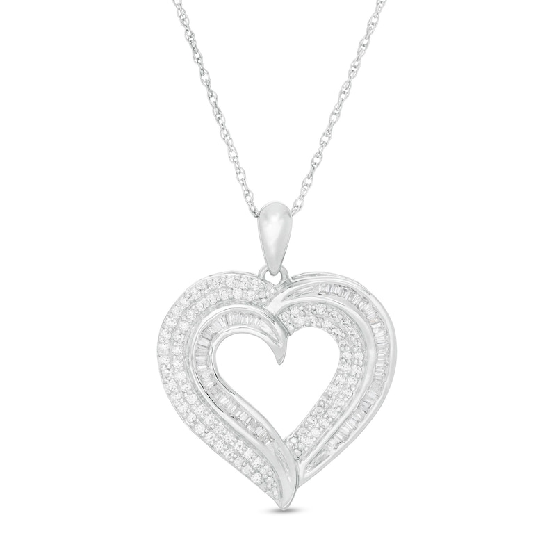 1/2 CT. T.W. Baguette and Round Diamond Heart Pendant in 10K White Gold