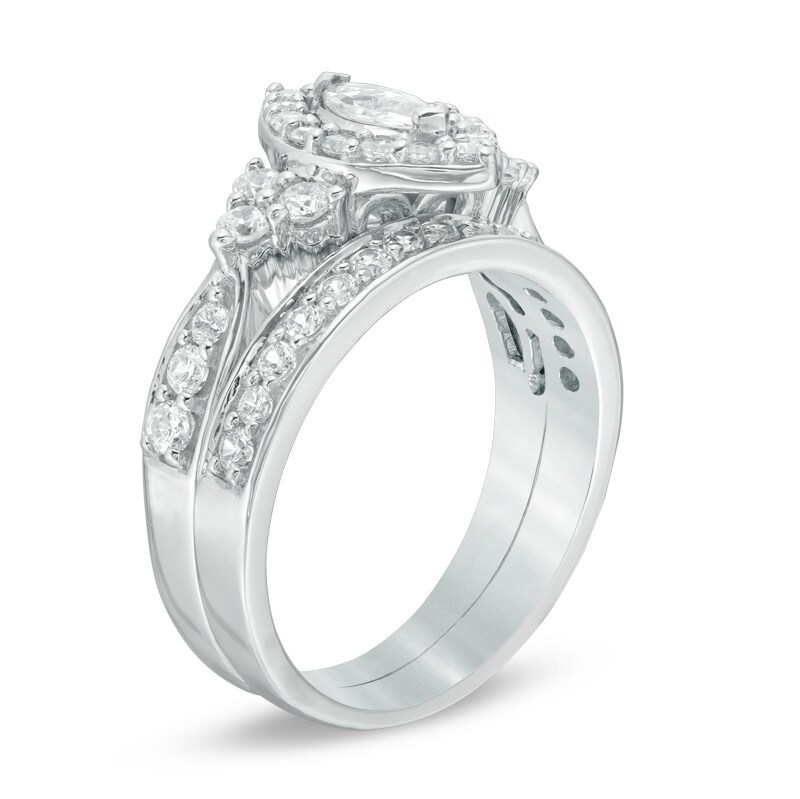 Main Image 2 of 1-1/5 CT. T.W. Marquise Diamond Frame Tri-Sides Bridal Set in 10K White Gold