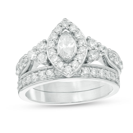 1-1/5 CT. T.w. Marquise Diamond Frame Tri-Sides Bridal Set in 10K White Gold