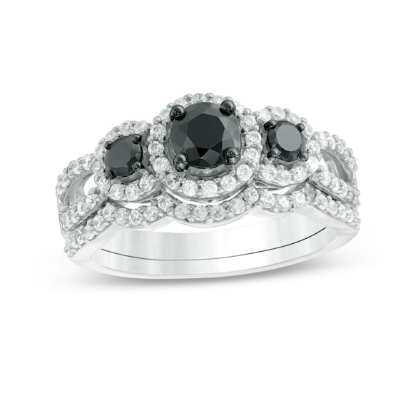 1 CT. T.w. Enhanced Black and White Diamond Three Stone Frame Bridal Set in 10K White Gold