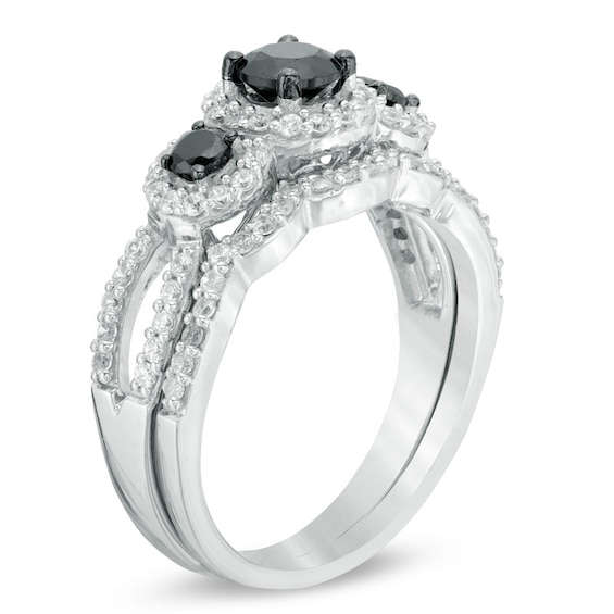 1 CT. T.w. Enhanced Black and White Diamond Three Stone Frame Bridal Set in 10K White Gold