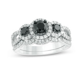 1 CT. T.W. Enhanced Black and White Diamond Three Stone Frame Bridal Set in 10K White Gold