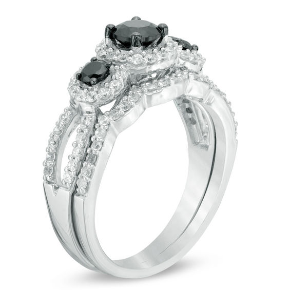 1 CT. T.w. Enhanced Black and White Diamond Three Stone Frame Bridal Set in 10K White Gold