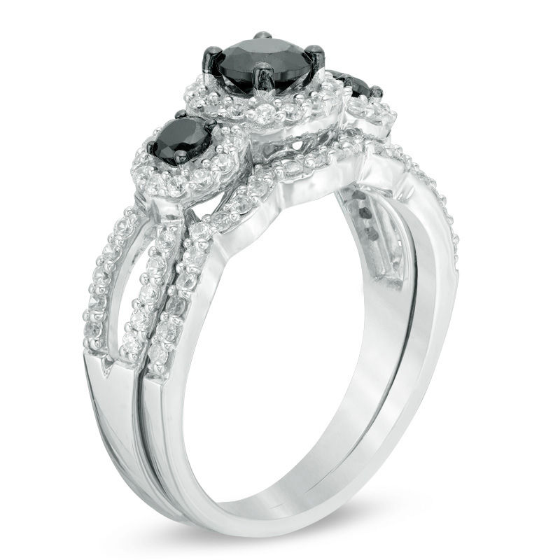 Main Image 2 of 1 CT. T.W. Enhanced Black and White Diamond Three Stone Frame Bridal Set in 10K White Gold