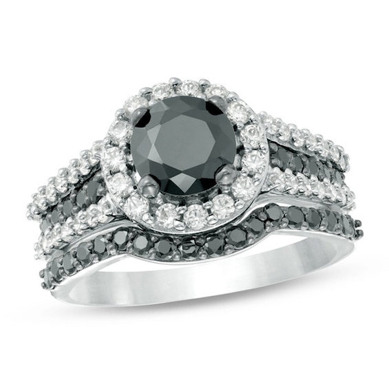 2 CT. T.w. Enhanced Black and White Diamond Frame Multi-Row Bridal Set in 14K White Gold