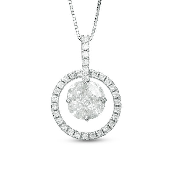 1 CT. T.w. Marquise and Princess-Cut Diamond Open Circle Frame Pendant in 14K White Gold