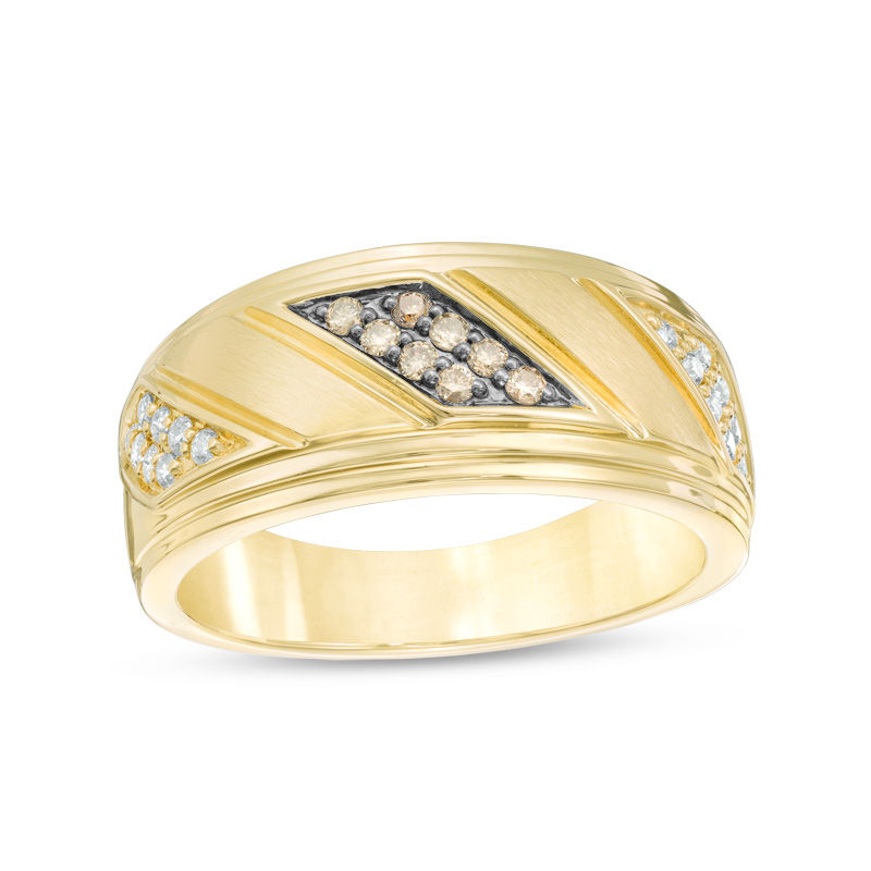 Main Image 1 of 1/3 CT. T.W. Champagne and White Diamond Slant Satin Ring in 10K Gold