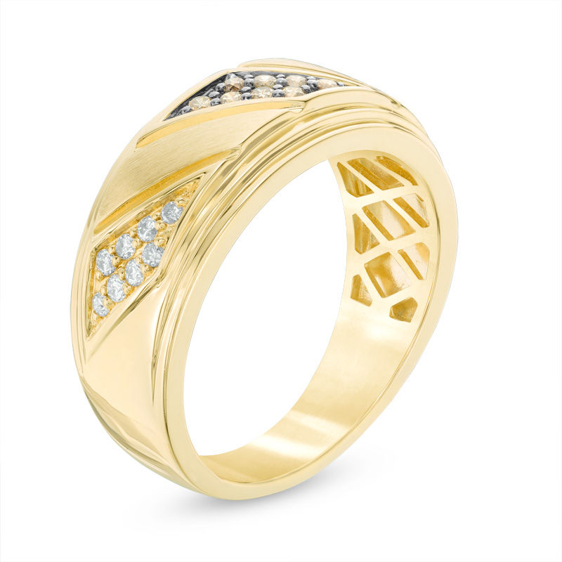 Main Image 2 of 1/3 CT. T.W. Champagne and White Diamond Slant Satin Ring in 10K Gold