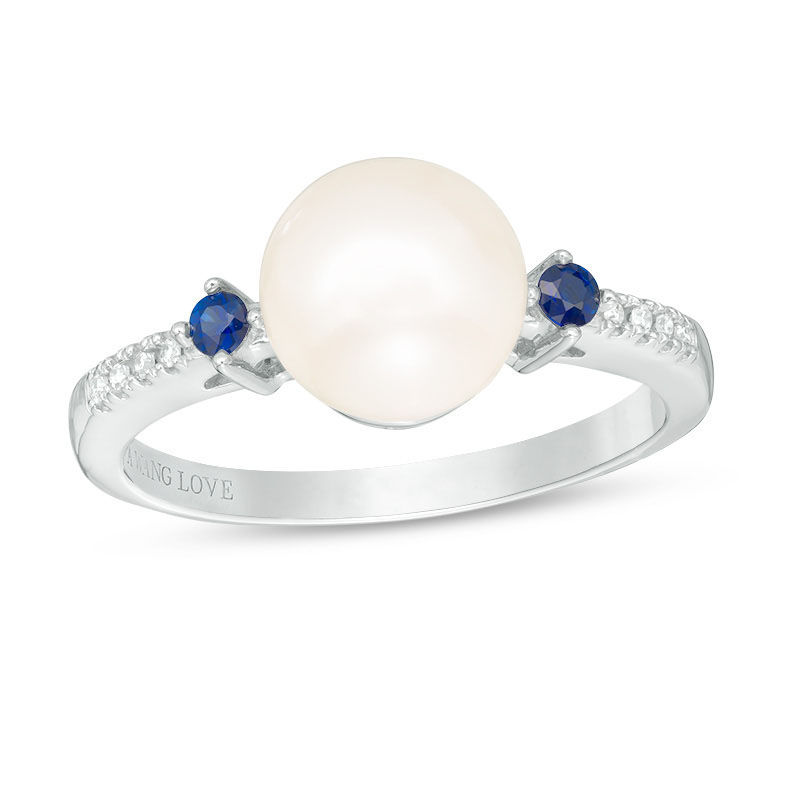 Vera Wang Love Collection Freshwater Cultured Pearl, Blue Sapphire and Diamond Accent Ring in Sterling Silver