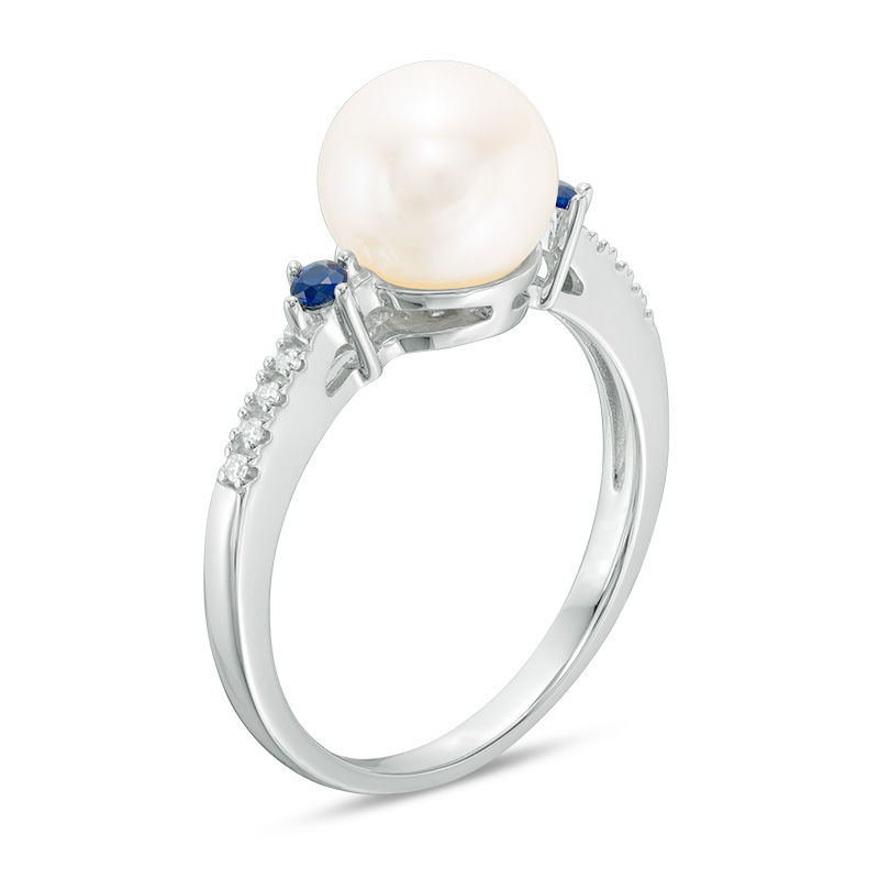 Vera Wang Love Collection Freshwater Cultured Pearl, Blue Sapphire and Diamond Accent Ring in Sterling Silver