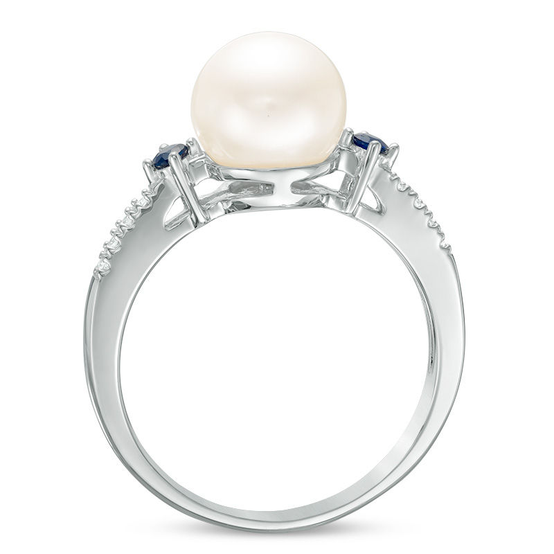 Vera Wang Love Collection Freshwater Cultured Pearl, Blue Sapphire and Diamond Accent Ring in Sterling Silver